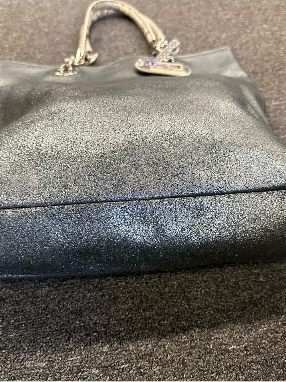 Metallic Black Tote with Snakeskin-Textured Chain Handles